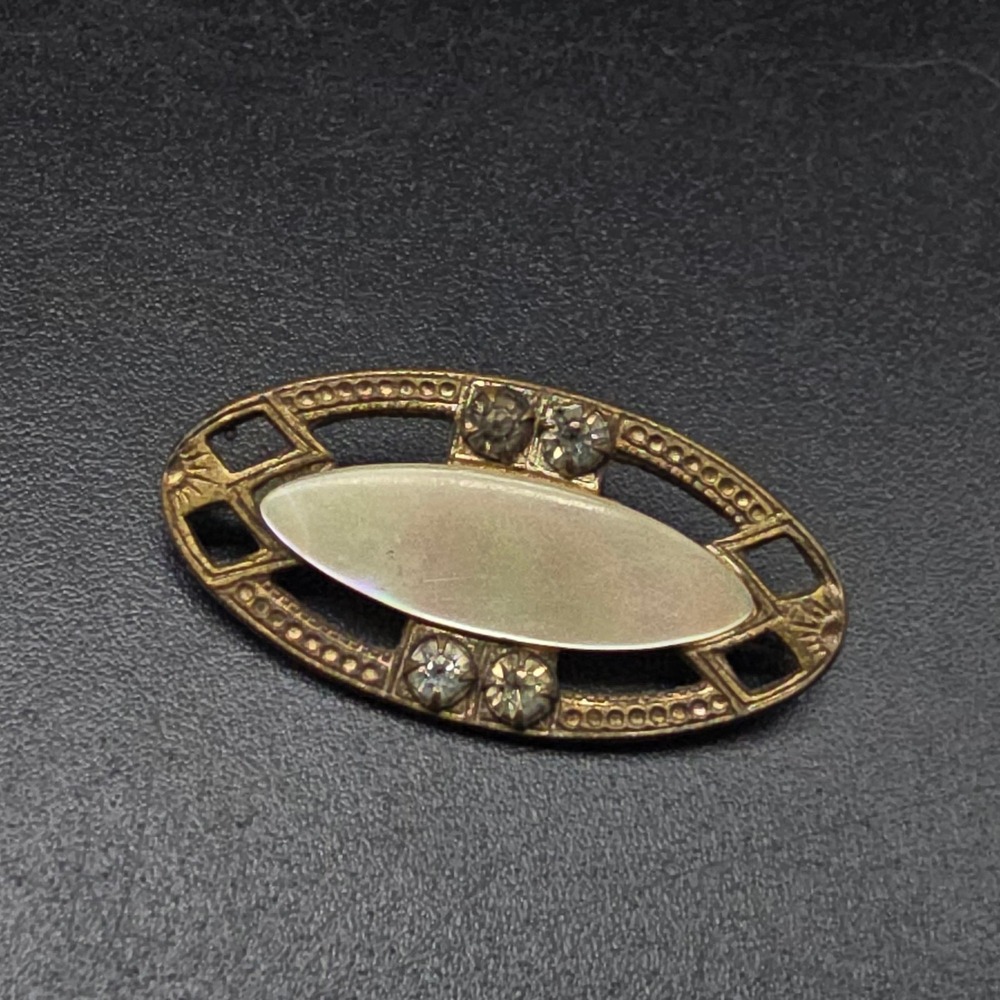 Antique Mother of Pearl Brooch Gold Tone Rhinestone C Clasp Closure Vintage